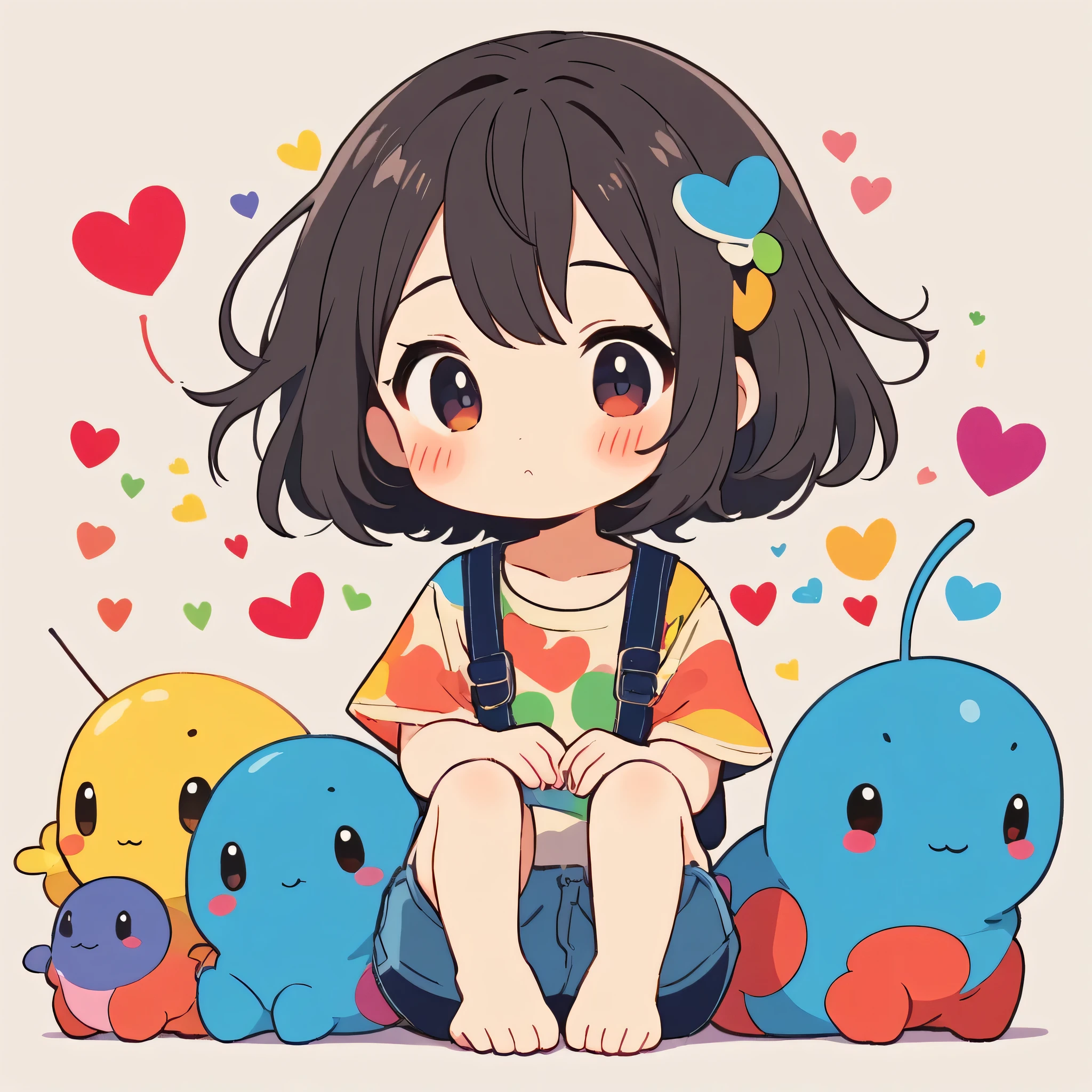 Makoto Shinkai colorful style, Simple Line Initialism，Abstract art，Kawaii Design, The most beautiful girl of all time、chibi, (((Cute pillbugs))), colorful hearts, summer version