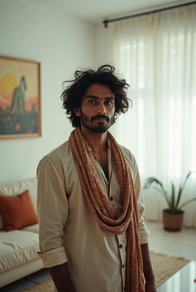 A candid photo of an eccentric artistic young indian male man in ethnic dress, posing in a white modern living room, black and brown pastel colors, 35mm Kodak photography