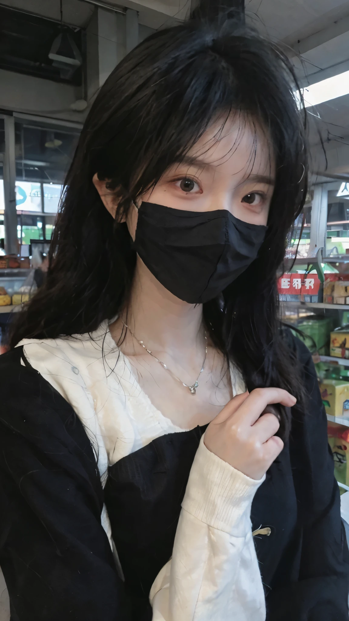 黑色wear mask,Best quality,黑色wear mask,Ultra-high resolution,(Reality:1.4),(黑色wear mask:1.4),Cute hairpins,girll,Cropped black sweater,wear mask,Look directly at the audience,Full of atmosphere,Beautiful woman with a slim figure:1.4,黑色wear mask,supermarket,whole body,Super delicate face,Exquisite eyes,Double eyelids,necklace,黑色wear mask,