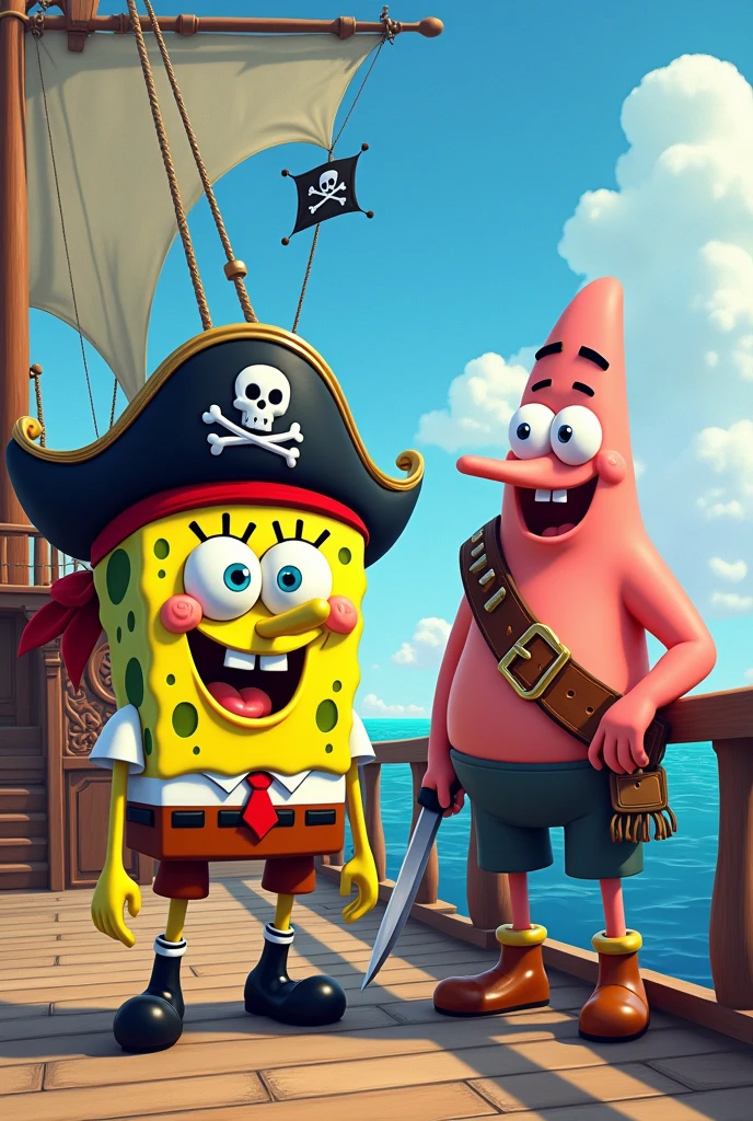 SpongeBob and Patrick Star wearing a pirate costume on a pirate ship