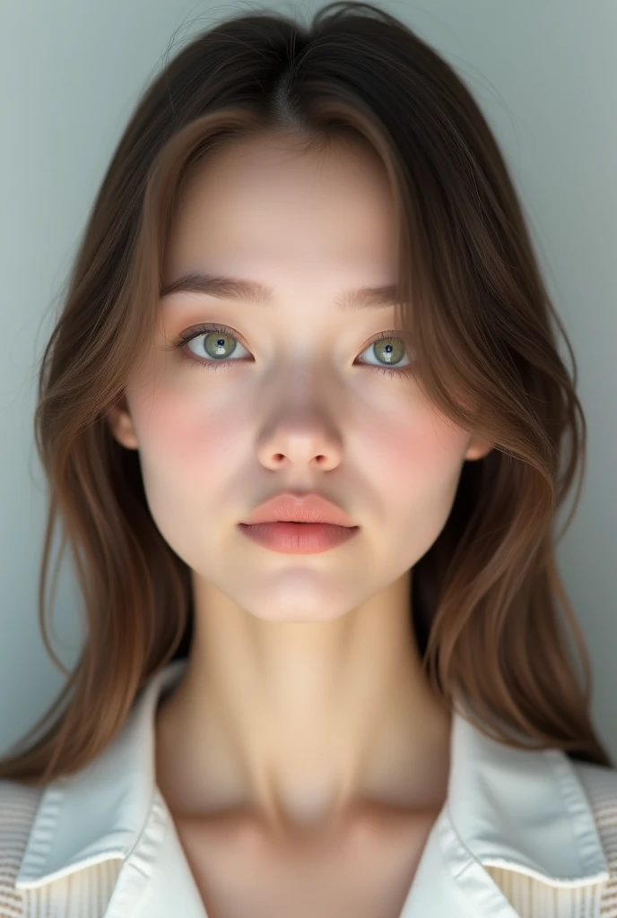 **Prompt:** Generate an ultra-realistic ID card photo of a young woman, facing directly forward. She has a slender face, with soft, natural features, light-colored eyes (such as blue or green), and brown hair that is neatly styled to frame her face. The lighting should be soft and even, with no shadows, highlighting her features clearly. The background should be plain and neutral, ensuring full focus on her face. Her expression is neutral, with a slight, natural lip line, and the overall image should look highly realistic and professional, suitable for official identification purposes.