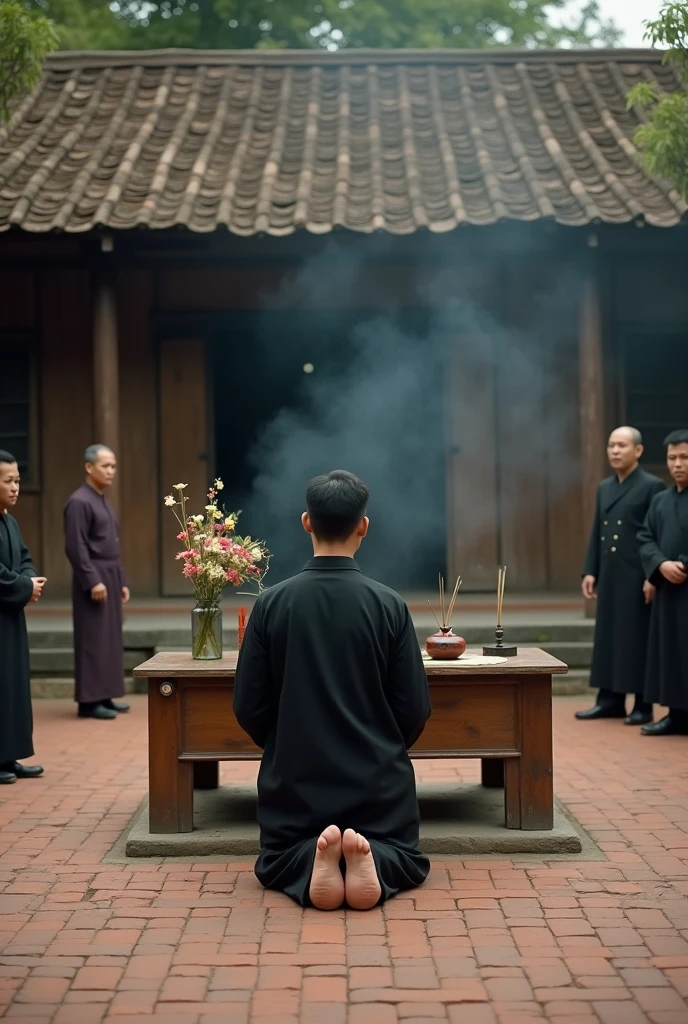 In the 1930s, A short hair handsome young man of Vietnamese descent, dressed in the black shirt and trousers of the Hoa Hao Buddhists of South Vietnam, was kneeling before a wooden altar in middle of the brick yard in front ot a wood house, footbare. On the altar, there was a small vase of flowers, a jar of incense, a few burning incense sticks, and a few people standing around watching.
