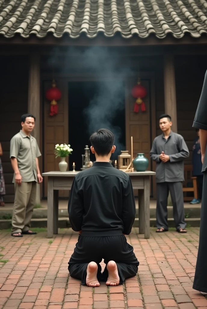 In the 1930s, A short hair handsome young man of Vietnamese descent, dressed in the black shirt and trousers of the Hoa Hao Buddhists of South Vietnam, was kneeling before a wooden altar in middle of the brick yard in front ot a wood house, footbare. On the altar, there was a small vase of flowers, a jar of incense, a few burning incense sticks, and a few people standing around watching.