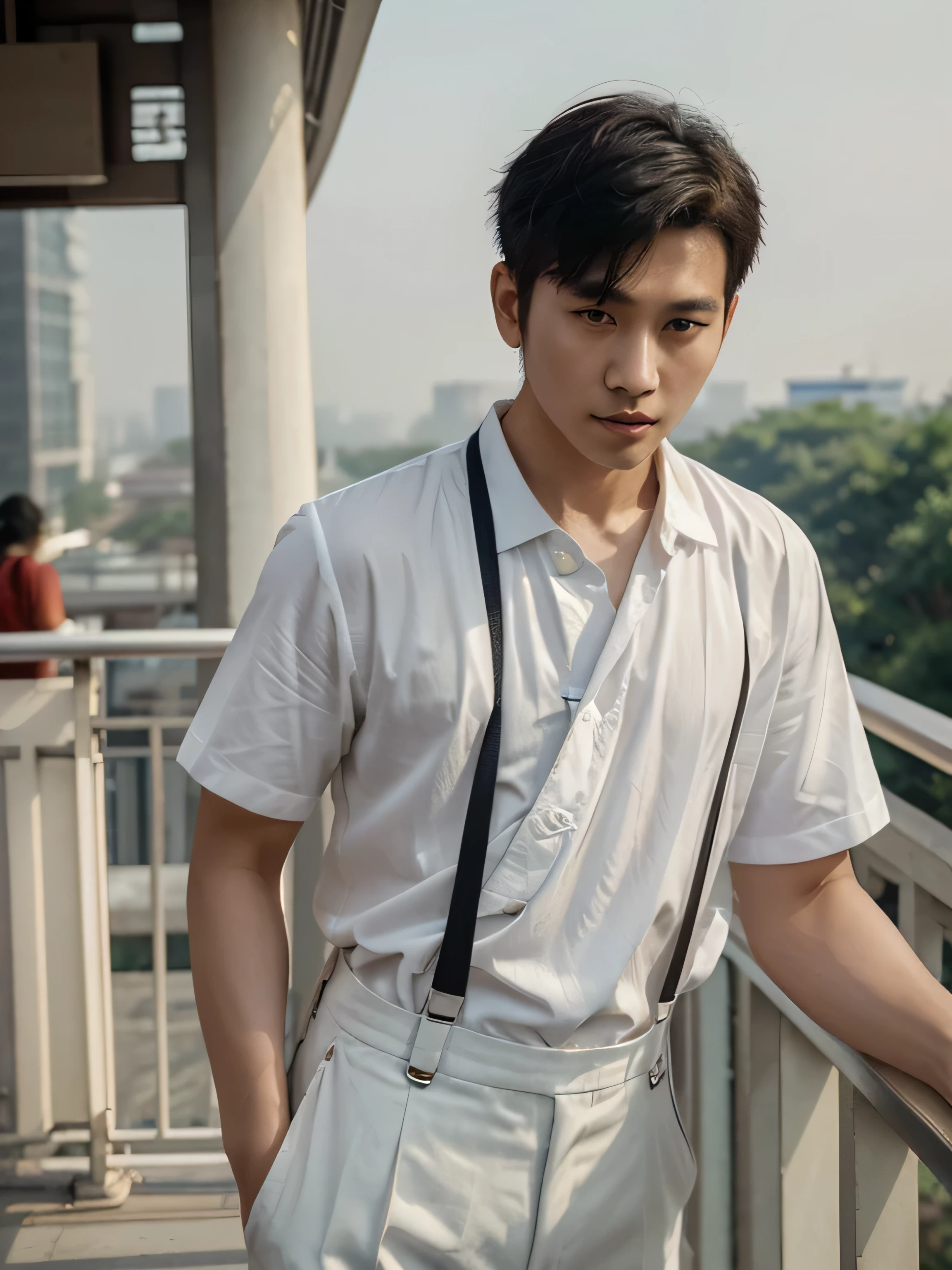 Chinese man 2 in a white shirt and suspenders standing on a balcony, haze over the shoulder shot, cai xukun, on a bridge, mid shot portrait, overlooking a modern city, Chinese male, steve zheng, 50mm portrait, in Fujian , 70 mm portrait, proud looking away, black undercut hair
