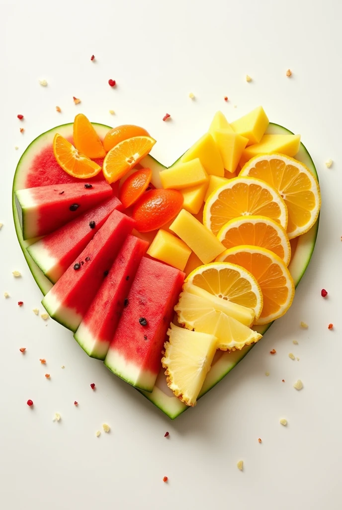 Some fruits like, watermelon, orange, litter, pineapple and lemon forming a heart for a nutritionist logo
