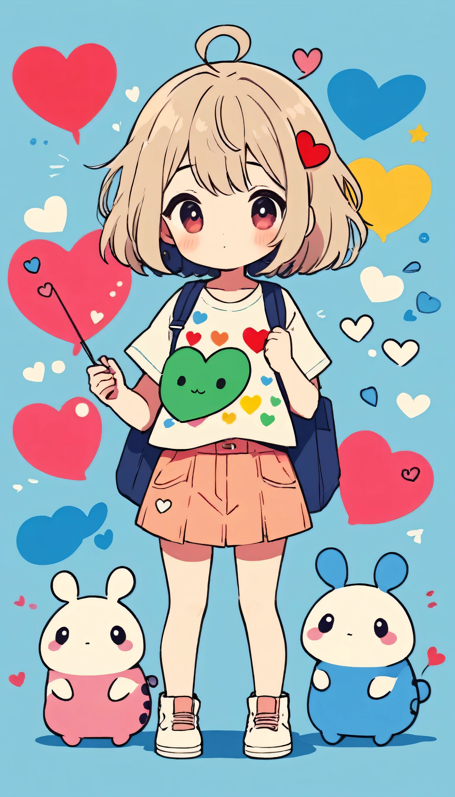 Makoto Shinkai colorful style, Simple Line Initialism,Abstract art,Kawaii Design, The most beautiful girl of all time、chibi, (((Cute pillbugs))), colorful hearts, summer version
