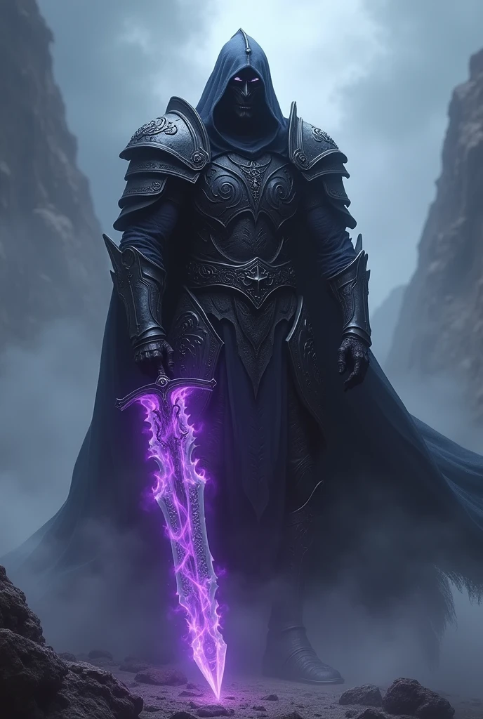 Dark Paldin in the fog with sword covered in purple fire