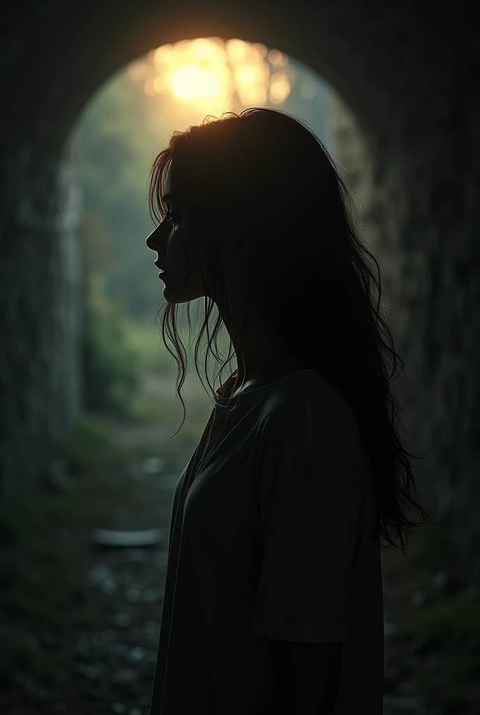 Image  d'une jeune femme triste de dos voyant une lueur d'espoir une lueur de soleil au bout du tunnel 