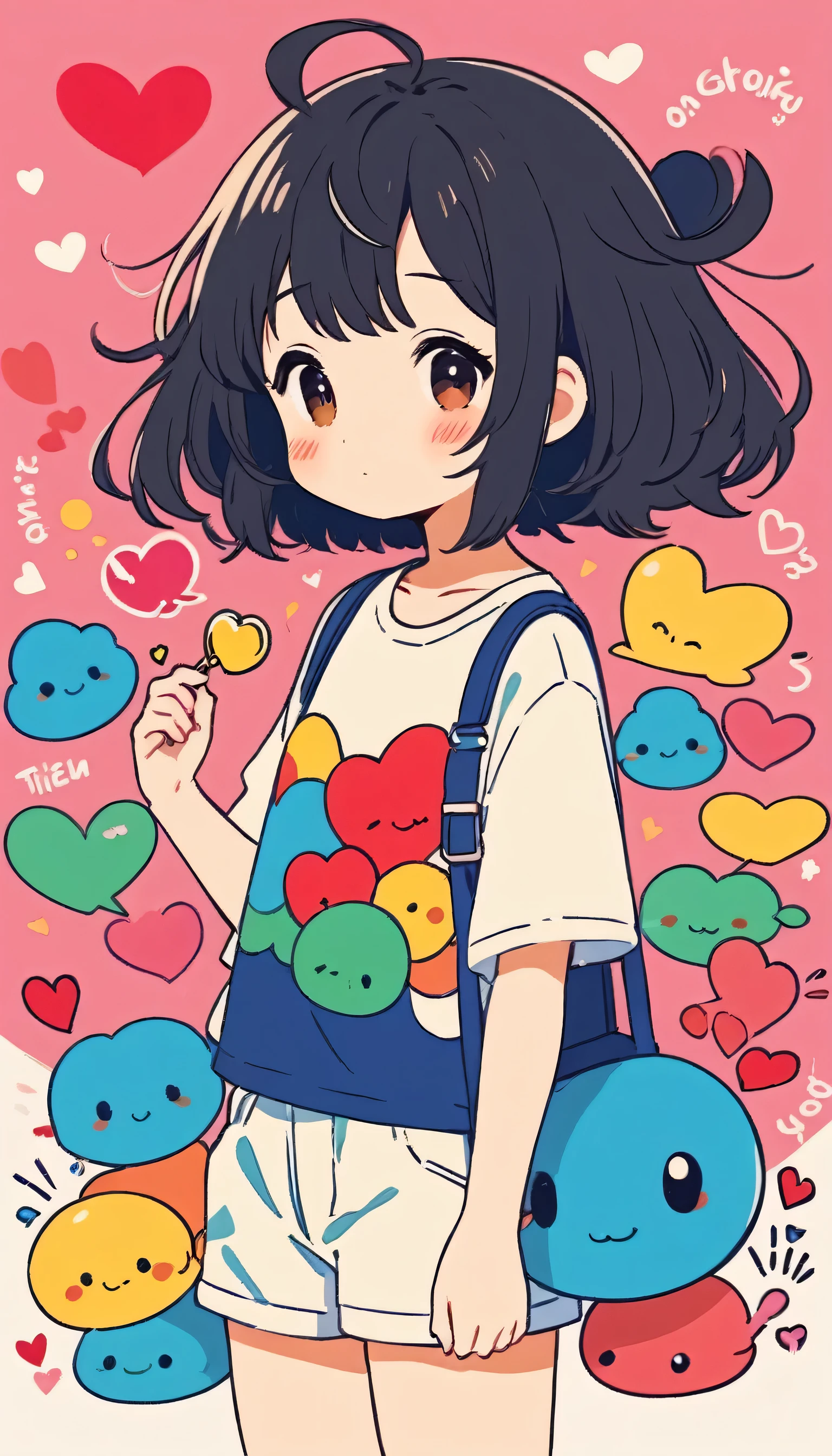 Makoto Shinkai colorful style, Simple Line Initialism，Abstract art，Kawaii Design, The most beautiful girl of all time、chibi, (((Cute pillbugs))), colorful hearts, summer version