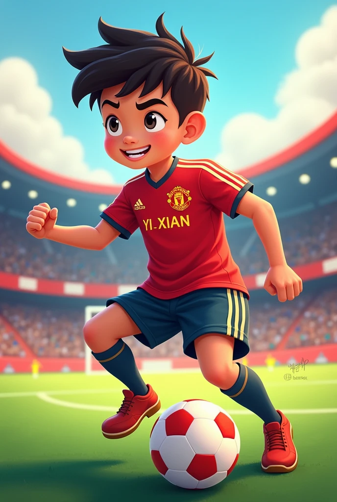 A guy who is football player playing football. The boy wear Manchester United logo shirt and his name: Yi Xian on his shirt. Cartoon