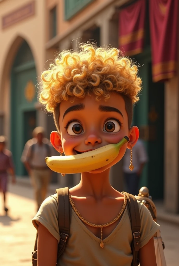 Little Moroccan Boy Blond Curly Military Haircut Teenager With Banana In Mouth Realistic
