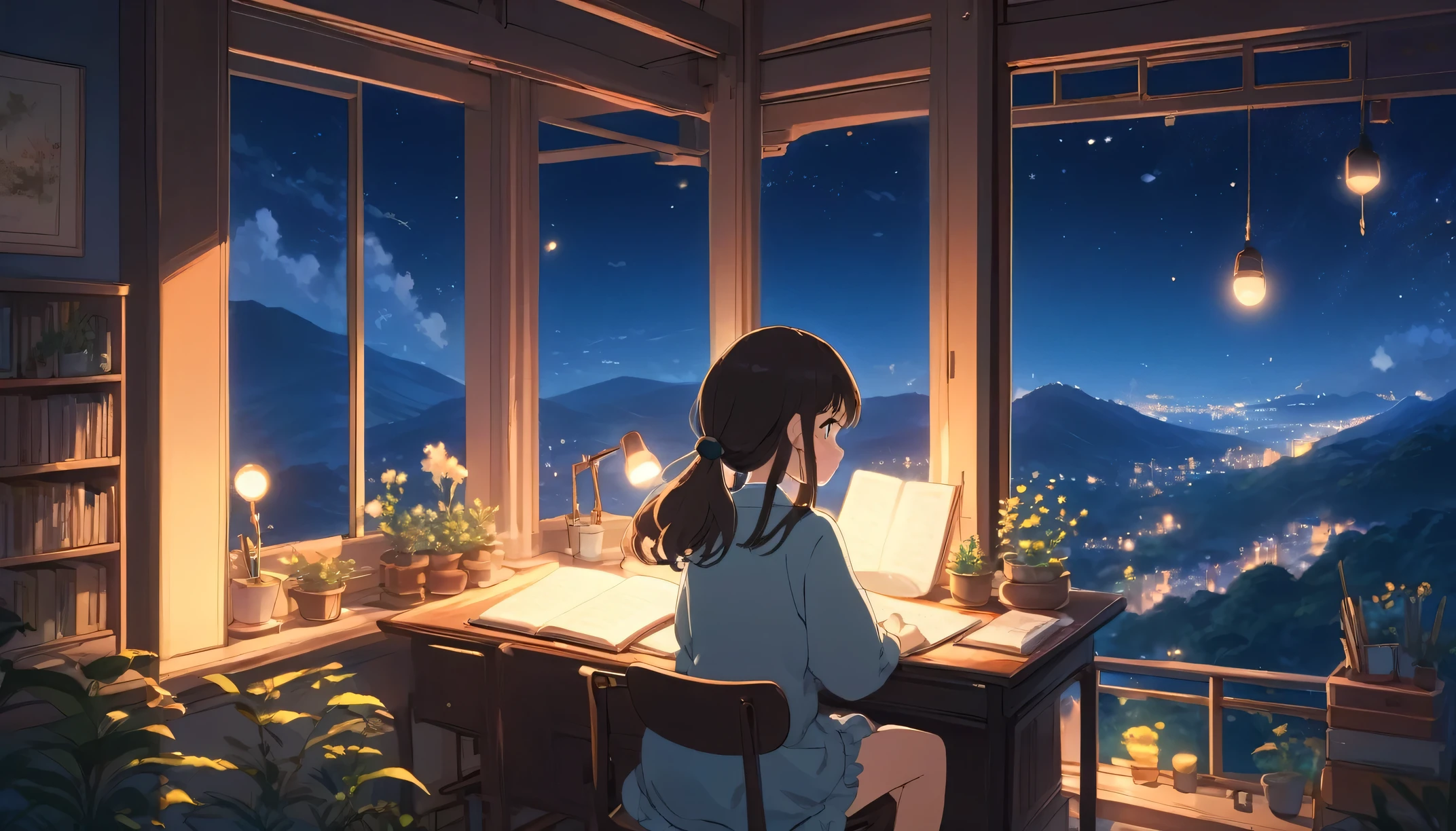À la manière de Ghibli, Une fille étudiant seule à un bureau,beauté， Vue nocturne depuis la chambre, Un regard rêveur par la fenêtre, Jolie fille dans un style anime, détendez-vous dans votre chambre, Une pièce remplie de lumière chaude
