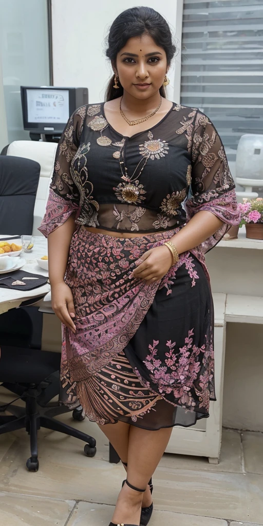 Day scene, A radiant, full-figured South Indian 35 year old aunty a cream colour chiffon mini skirt and black chiffon shirt, standing, in a garden captured in a full-body image with vibrant hues and meticulous details. Full body image