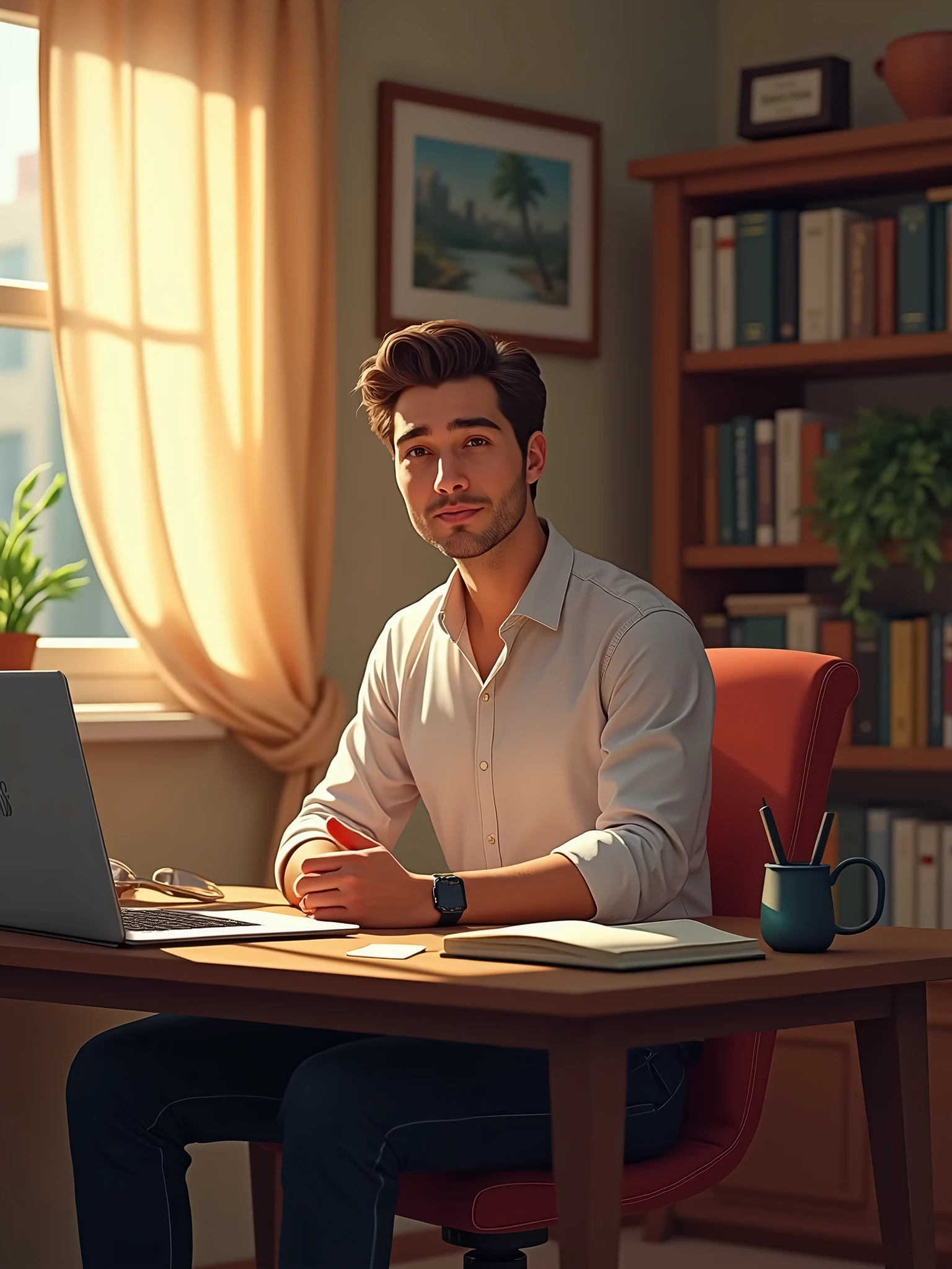 Create an image of an male sitting in a comfortable, well-lit room. He is seated at a desk, which has a few books, a laptop, and his smartphone on it. The man has a calm expression and is looking directly at the camera in front of him. His clothing is casual but neat, and the room has a warm ambiance with soft lighting, a comfortable chair, and a few personal items on the desk, such as a pen holder and a family photo. In the background, there are a few framed pictures on the wall, a bookshelf filled with books, and a window with partially drawn curtains letting in natural light."