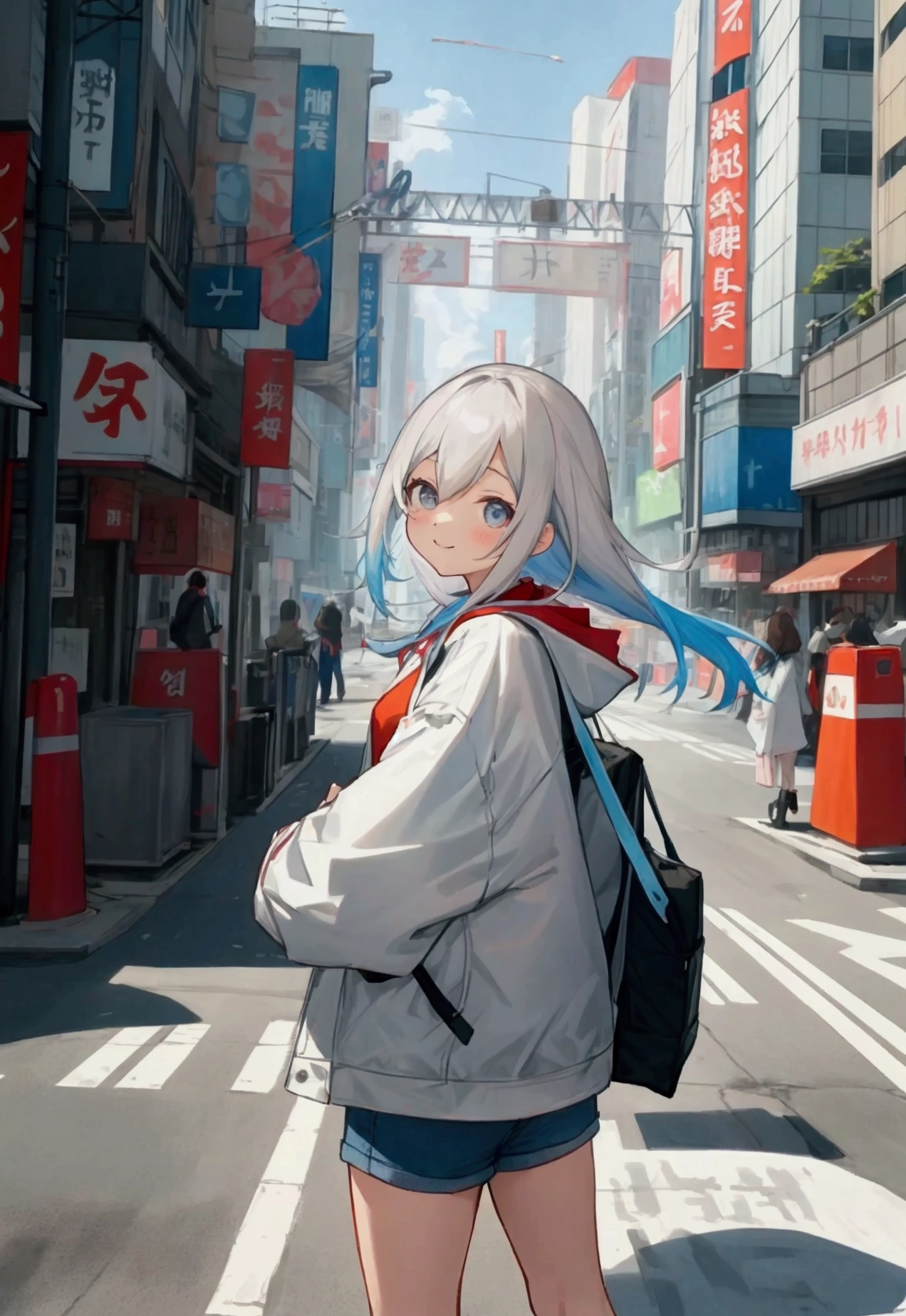 prompt: character: Young woman with a bright smile。Her shoulder-length brown hair fluttering in the wind、A loose white jacket and a casual red T-shirt、Wearing denim shorts。 background: Busy city intersection、Mr.々A bustling street lined with colorful signs and advertisements。A depiction of a bright, sunny day with blue skies and white clouds。 composition: A woman stands in the foreground、Posing confidently among the pedestrian traffic。Her gaze is directed towards the observer.、Highlight the vibrant city atmosphere。 Color: Vibrant colors。Bright blue sky、The movement of the white hair and the texture of the jacket、And the various colors around it work together.、Energetic and young々Give a good impression。 style: アニメstyleのイラストレーション、ディテールに富むラインとVibrant colorsが特徴。characterの可愛らしさと都会的なbackgroundのコントラストを楽しむ。
