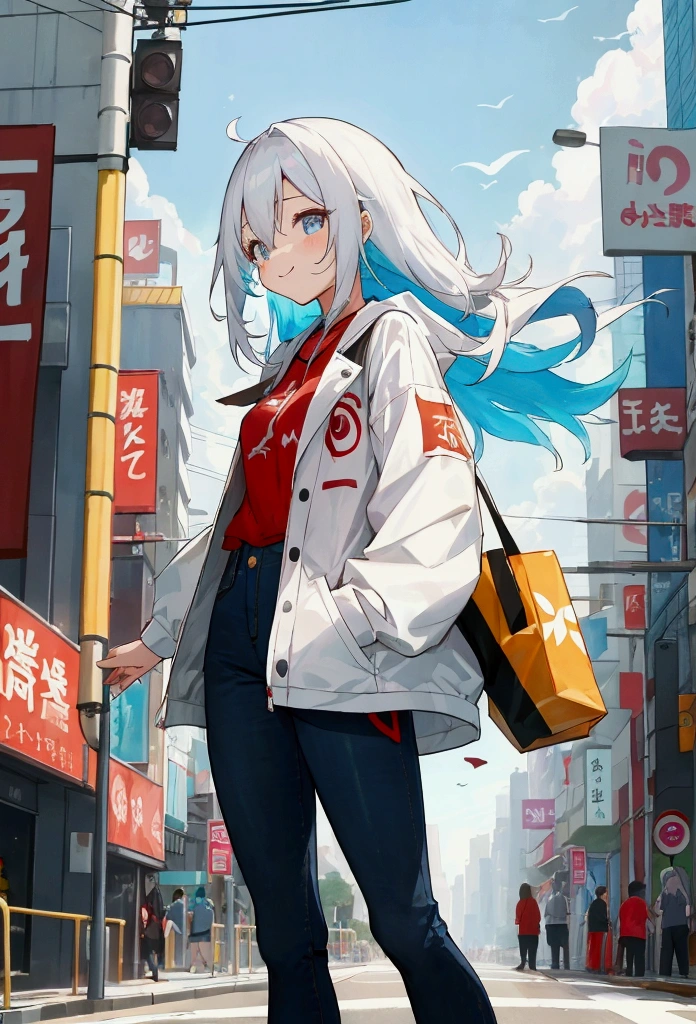prompt: character: Young woman with a bright smile。Her shoulder-length brown hair fluttering in the wind、A loose white jacket and a casual red T-shirt、Wearing denim shorts。 background: Busy city intersection、Mr.々A bustling street lined with colorful signs and advertisements。A depiction of a bright, sunny day with blue skies and white clouds。 composition: A woman stands in the foreground、Posing confidently among the pedestrian traffic。Her gaze is directed towards the observer.、Highlight the vibrant city atmosphere。 Color: Vibrant colors。Bright blue sky、The movement of the white hair and the texture of the jacket、And the various colors around it work together.、Energetic and young々Give a good impression。 style: アニメstyleのイラストレーション、ディテールに富むラインとVibrant colorsが特徴。characterの可愛らしさと都会的なbackgroundのコントラストを楽しむ。