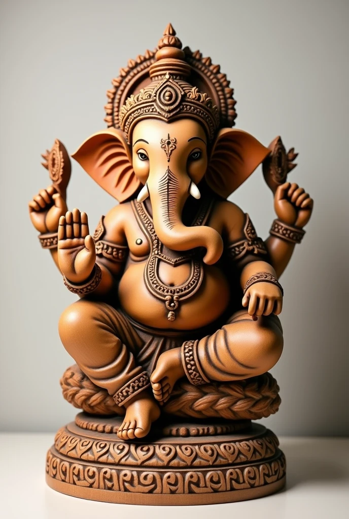 Please create an image of a unique wooden gujrati Ganpati murti with a kind and gentle expression. The murti should be in a sitting pose, with one hand raised in blessing. The design should feature intricate yet distinct carvings, emphasizing traditional elements while maintaining a unique and original look. The wood should have a smooth with fine details