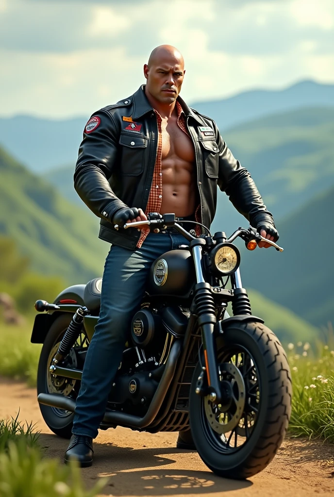 Body builder bald white men wearing unbuttoned orange double pocket check shirt and black leather jacket with logos on heavy motor bike in beautiful valley 