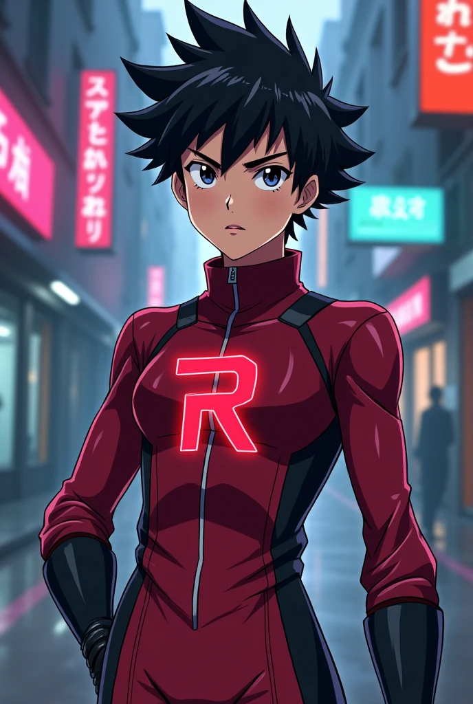 An anime character wearing a Maroon jumpsuit with an R on his chest and black hair.
