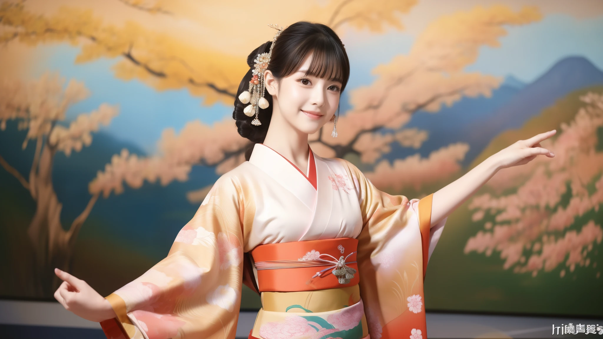 (Dance), ((The background is a beautiful painting)),((The background is an oversized painting)),In front of a painting of a tiger, (Japanese Dance), (色鮮やかなkimono), smile, (１Dancing with people), (don't split the screen), kimono, (stage), (theater), hole, 現theater, Neatly trimmed bangs、Straight and voluminous bangs、Short bangs, 最high quality、high quality、Best image quality、8k、最High resolution、High resolution、Realistic photos, Healthy body, Beautiful Eyes, Flowing black hair, 色鮮やかなkimono, Calm expression, Soft lighting, Traditional Japanese art style, Vibrant colors, Peaceful atmosphere, Delicate features, Graceful posture, Beautiful Landscape