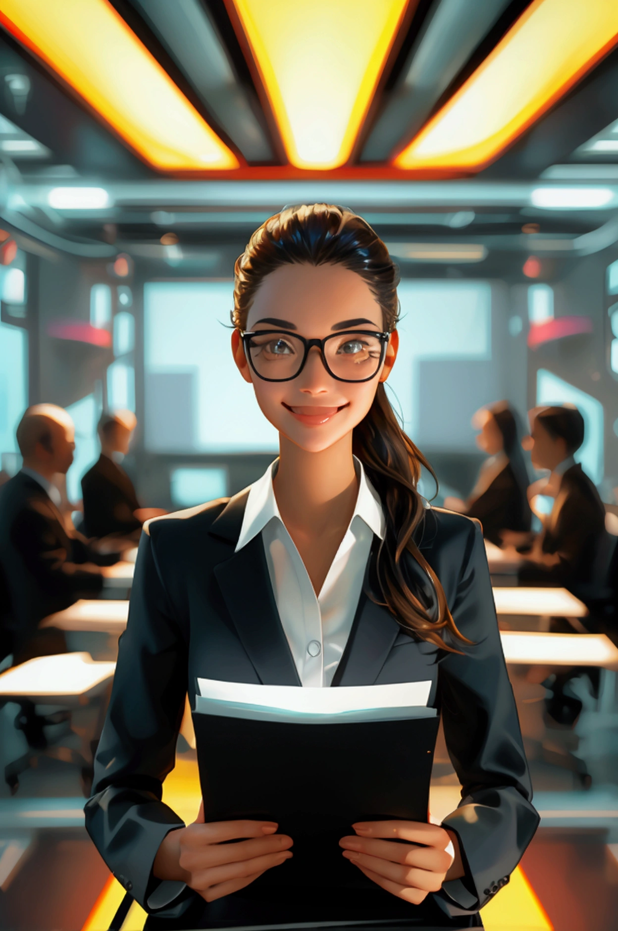 Create a vibrant, futuristic office environment with a sleek, modern design featuring a long conference table and glowing overhead lights. Replace the smiling alien-like character in the foreground with a beautiful, cute girl dressed in business attire. She should be confidently holding a document with a big smile, reflecting excitement and success. The girl's expression should match the original character's energy, with large expressive eyes and a friendly demeanor. Keep the background exactly the same, with the 'DOCUMENT REVIEW' sign and seated figures in the back, ensuring the atmosphere remains professional yet playful