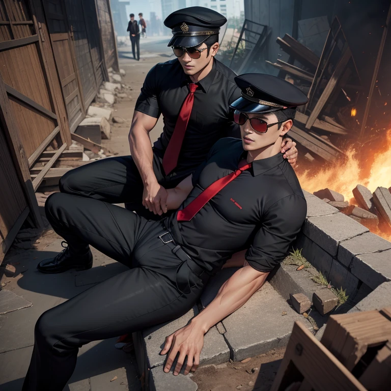 3,One Man,、Handsome。Black Shirt、Red tie、、Dhaka - Fighters、。In front of the gate、explosion、logic,,Very short hair、 ,Asian Face,、 Wear a black cap Black sunglasses、Spread your legs wide and lie on the rubble Scream View from above
