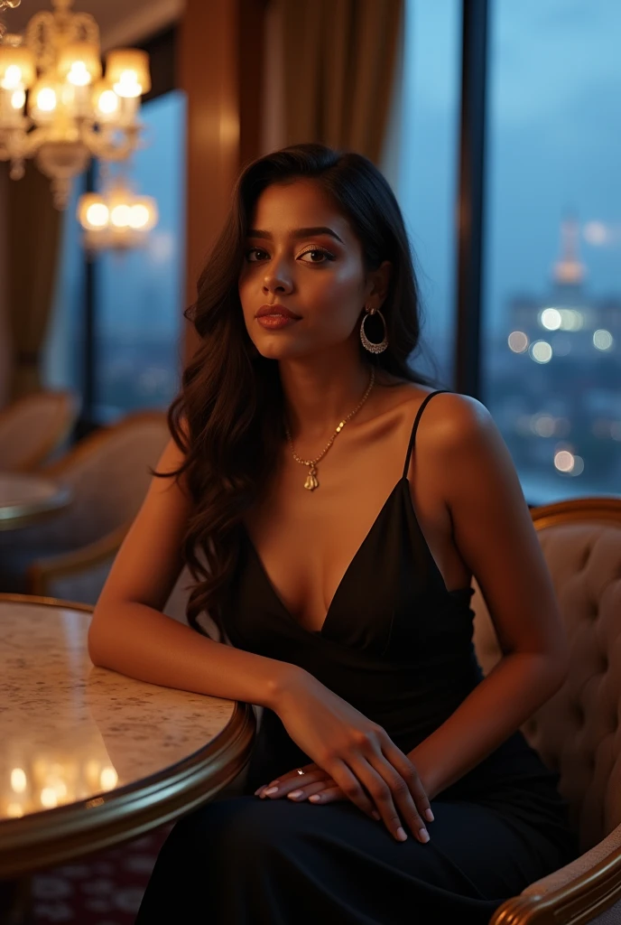 best quality,4k,8k,highres,masterpiece:1.2),ultra-detailed,(realistic,photorealistic,photo-realistic:1.37),srilankan 25 year old girl, with attractive facial features,beautiful detailed eyes,beautiful detailed lips,extremely detailed eyes and face,longeyelashes, fair skin tone. big breasts. is seated gracefully on a plush chair beside a round, polished table at a prestigious luxury hotel in Colombo. The woman is wearing a sophisticated evening dress, radiating confidence and poise. The background features grand chandeliers, ornate decor, and large windows offering a glimpse of Colombo's cityscape and blue sky at dusk. with soft lighting casting a warm glow over the scene