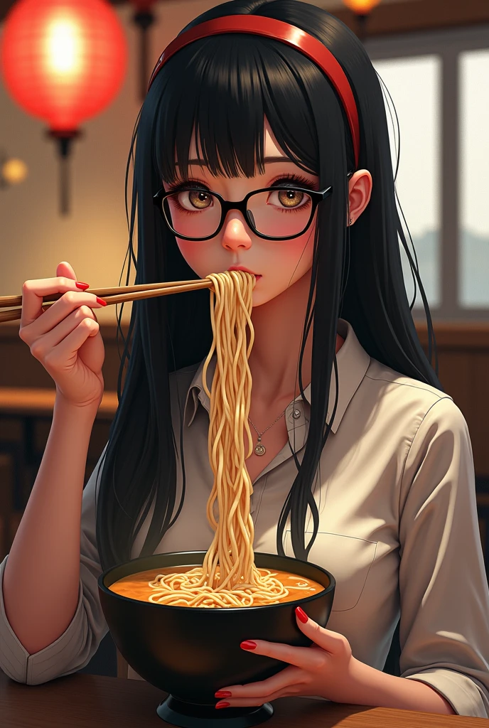 Wear glasses, 1 Japan, Long Hair, High resolution, Small breasts, vision, Black Hair, Anatomically correct, Sparkling eyes, Eyebrows hidden under hair, hair band, Long shirt dress, Full body portrait,Long Hair, look up, Portrait Photography, 3D Rendering, Eating ramen deliciously,The chopsticks are thin,