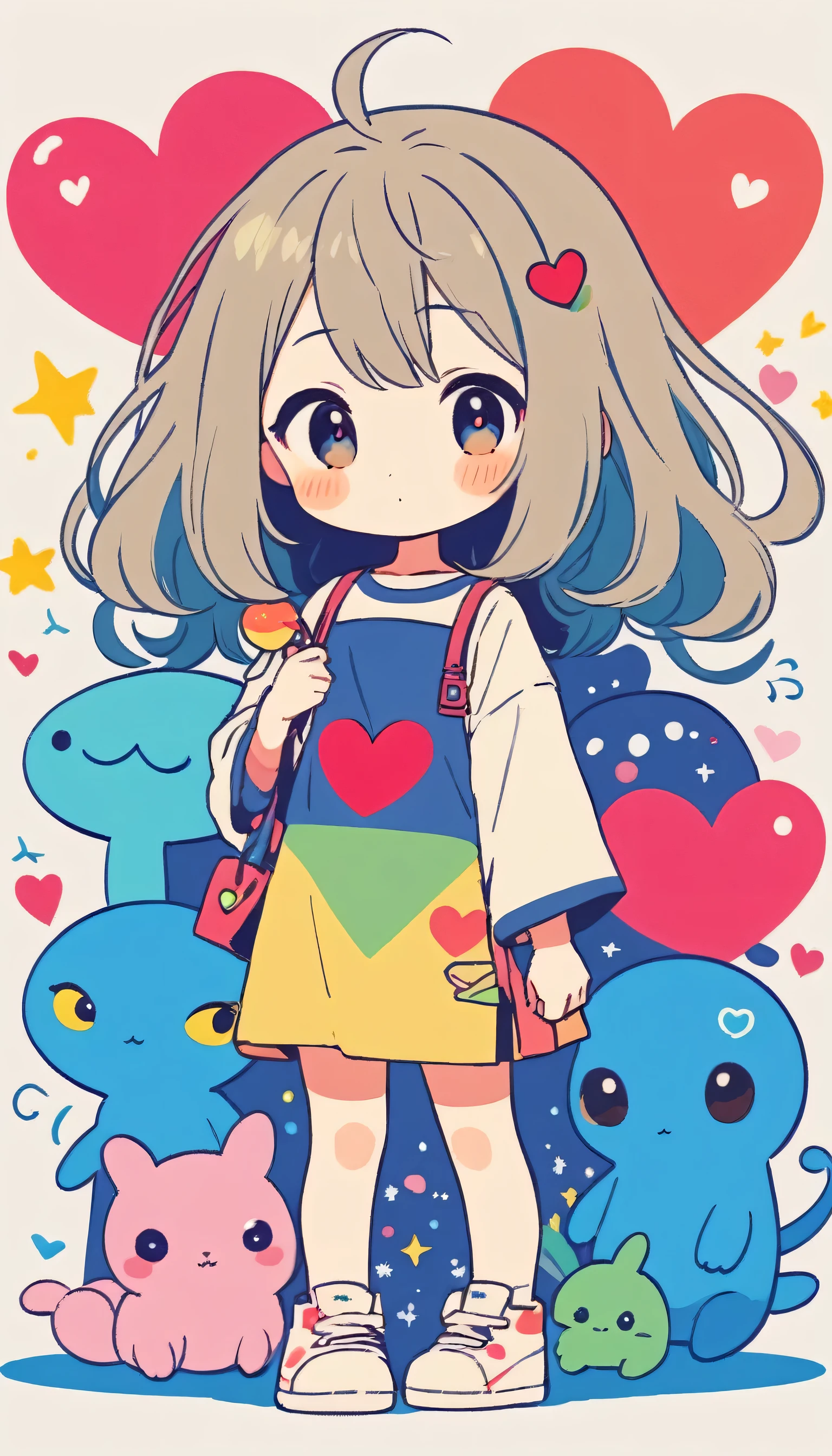 Makoto Shinkai colorful style, Simple Line Initialism,Abstract art,Kawaii Design, The most beautiful girl of all time、chibi, (((Cute aliens))), colorful hearts, summer version