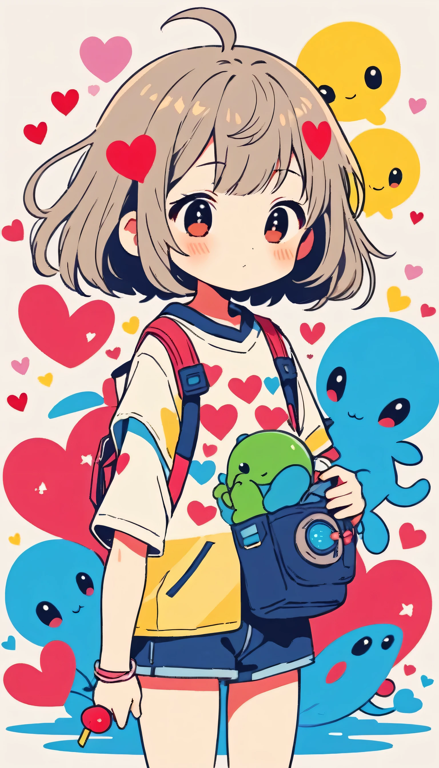Makoto Shinkai colorful style, Simple Line Initialism,Abstract art,Kawaii Design, The most beautiful girl of all time、chibi, (((Cute aliens))), colorful hearts, summer version