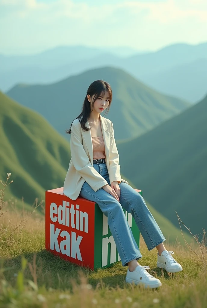 a beautiful Asian girl aged 20 wearing cool clothes. sitting on a 3d text block that says "editin kak". background view from the hill