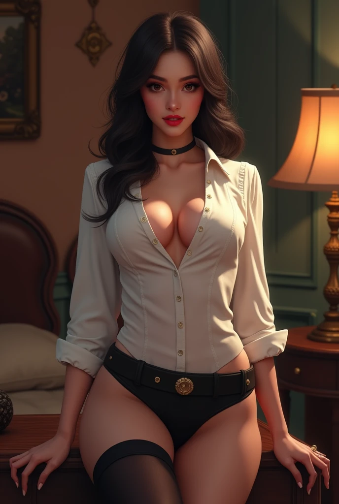 sensual girl, clear skin, white, big breasts, white button down shirt unbuttoned showing her breasts completely including nipples, long black stockings, looking to the camera, Red lips, thick legs, Thin waist, full body. 