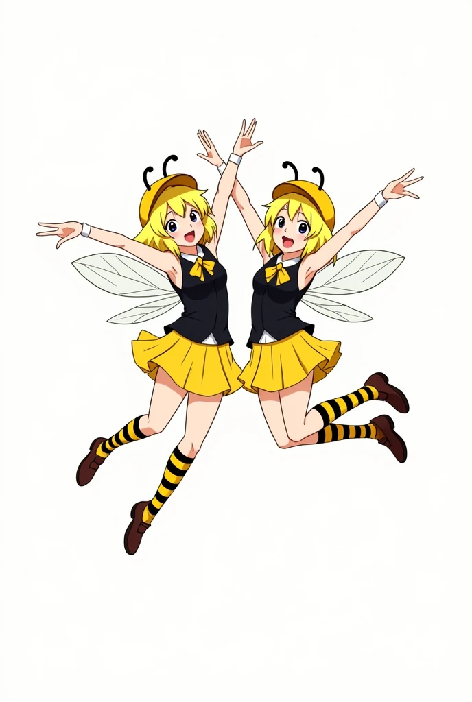 Two anime girls equal heights in matching uniform and yellow short hair,yellow and black striped long socks, yellow skirt, jumping duo hero pose, happy, black sleeveless blouse with yellow ribbon, yellow bonnet with antennas, realistic bee wings , full body, white background