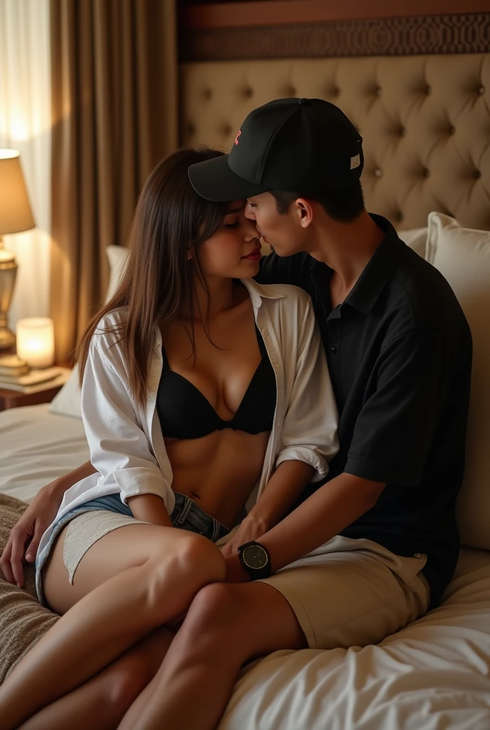 crete real image where A 24 year old boy wears black dress and a 23 year old girl wears white T-shirt and shorts. Lovely is written on the girl's t-shirt and Rupesh is written on the boys t-shirt. Girl sleeping in bedroom and boy kiss girl boobs and touch girl navel