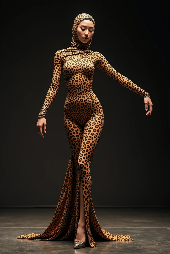 A 30 years old beautiful chinese woman with a pair of glasses wears a species of leopard lycra and elastane turtleneck unitard catsuit with a long tail and leopard print lycra and
 elastane dancewear hijab-like hood for the drama performance concert.
