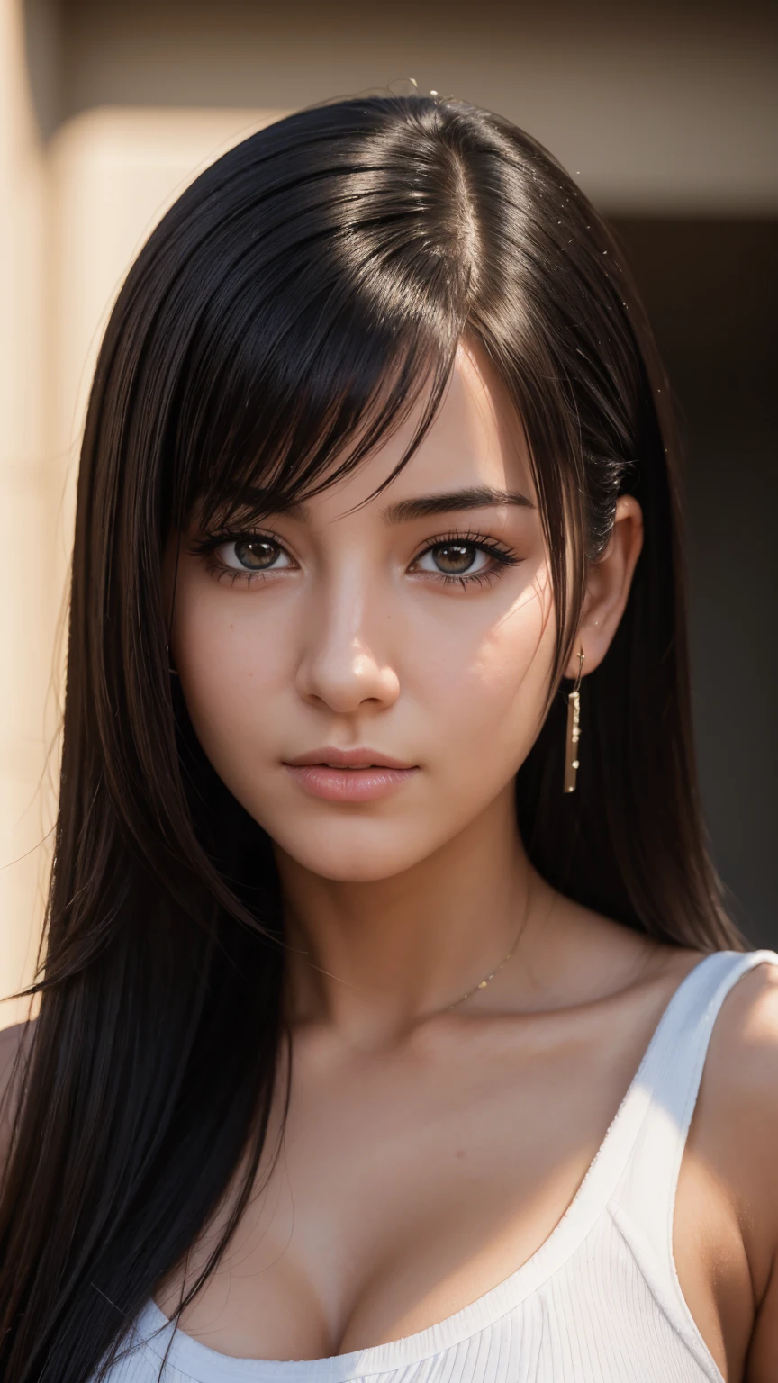 Close-up details, realistic style photo, tifa, black hair, long hair, outstanding style, tall, cute, in her s. Use soft lighting to cast gentle shadows on the subject, adding a touch of dimension to your images without compromising details, score_9, score_8_up, score_7_up