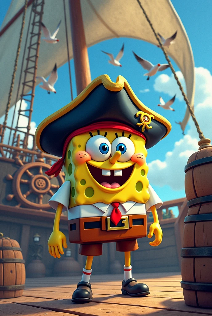 SpongeBob wearing a pirate costume on a pirate ship