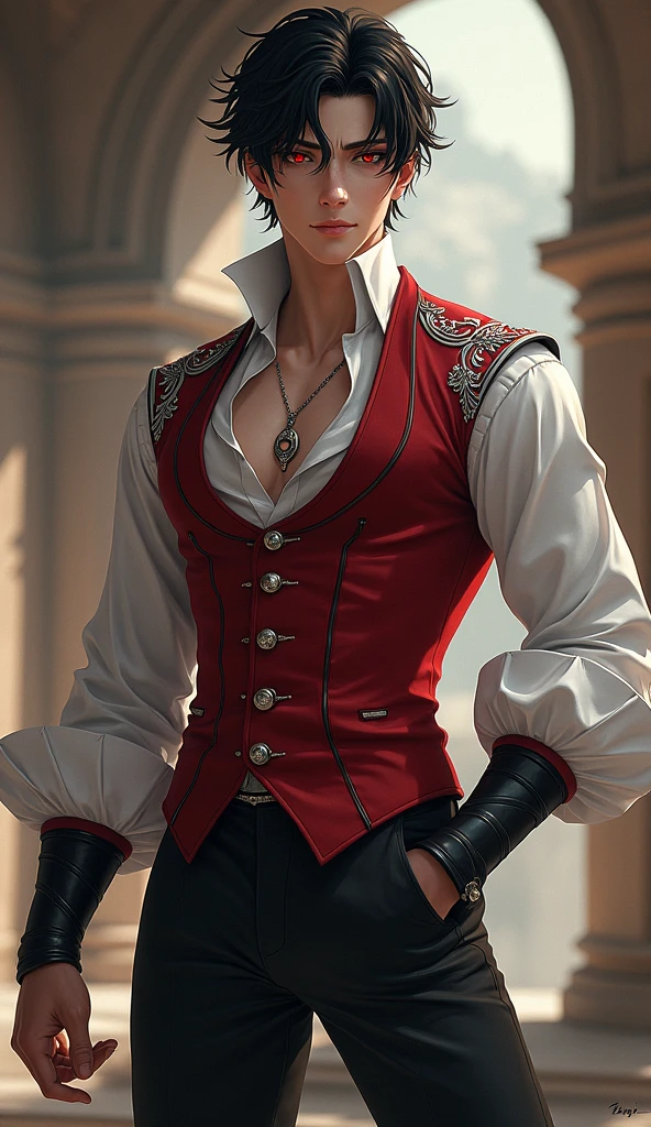 Physical Description:
- Height: 6'2" (188 cm)
- Hair: Jet-black, messy, and slightly spiky
- Eyes: Piercing red, almond-shaped, and fringed with thick lashes
- Face: Chiseled features, strong jawline, and prominent cheekbones
- Skin: Porcelain-like complexion with a subtle warmth
Attire:
- Academy uniform:
- Black trousers
- White dress shirt with billowy sleeves
- Red vest with intricate silver embroidery (representing his unique heritage)
- Black boots with subtle buckles
Accessories:
- Silver pendant in the shape of a crescent moon
- A silver ring with crencent moon shape
Facial Expression:
- Brooding, introspective gaze
Background:
- Hints of ancient ruins