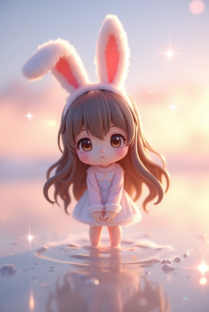 beautiful photo, Highest quality, cute, Beach, pastel colour, Fluffy bunny ears, , Brown long hair, Rabbit doll, Shining Star, Brown eyes, cute表情, Cute things, White skin, Active, Are standing, bending upper body, Soak your feet in water, Wind, Place your hands on your knees, whole body,Super mini size
