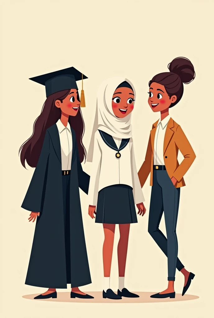 Three women cartoon with white skin tone,
one on the left wearing a graduation uniform (Blac hair) with weight 58kg,
one in the middle wearing a white highschool uniform with including a hijab with weight 50kh,
and one on the right wearing an office worker uniform (Black hair) with weight 65kg.