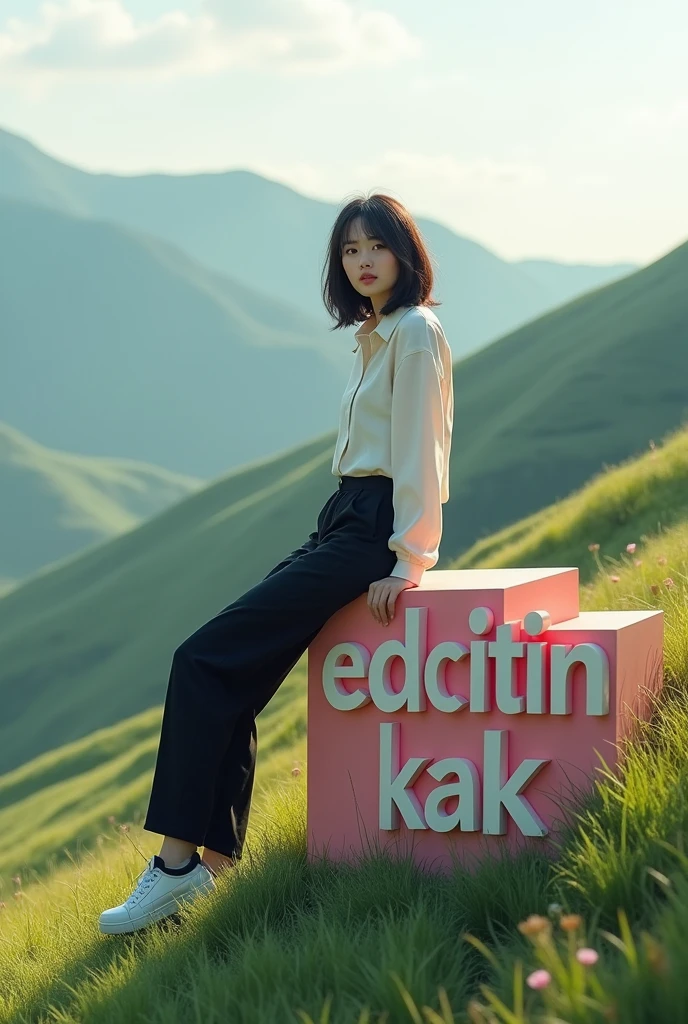 a beautiful Asian girl aged 20 wearing cool clothes. sitting on a 3d text block that says "editin kak". background view from the hill
