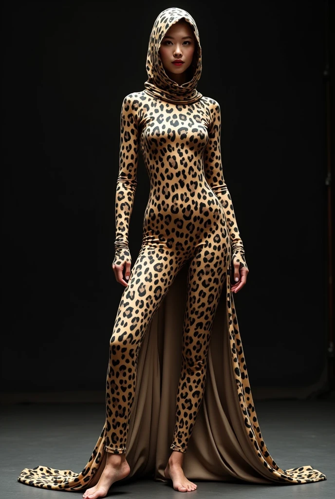 A 30 years old beautiful chinese woman with a pair of glasses wears a species of leopard lycra and elastane turtleneck unitard catsuit with a long tail and leopard print lycra and
elastane dancewear hijab-like hood for the drama performance concert.