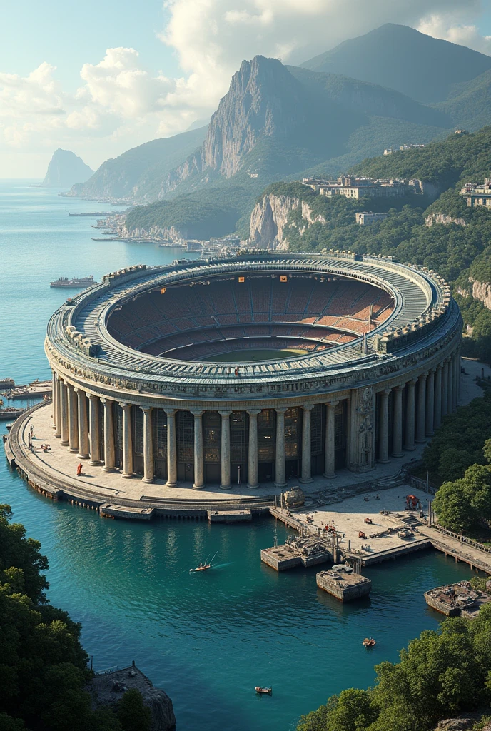 Football stadium with classical architecture in the neo-chemical style arena , capacity 10 thousand seats , located in a harbor landscape