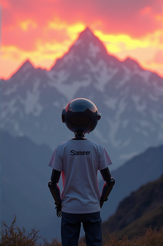 Sunset on the himalya and bot stand front of it and his t shirt back side write a name its sameer