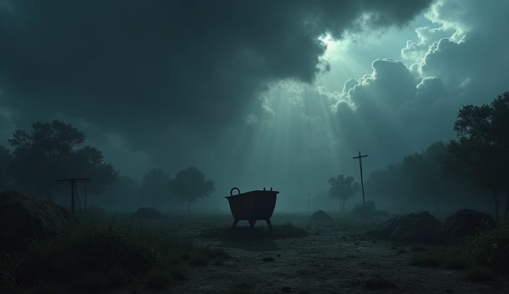 Image Prompt: The scene darkens as ominous clouds gather over the settlement, casting long shadows and creating a foreboding atmosphere, with Virginia Dare’s cradle in the foreground, now in partial shadow in a island