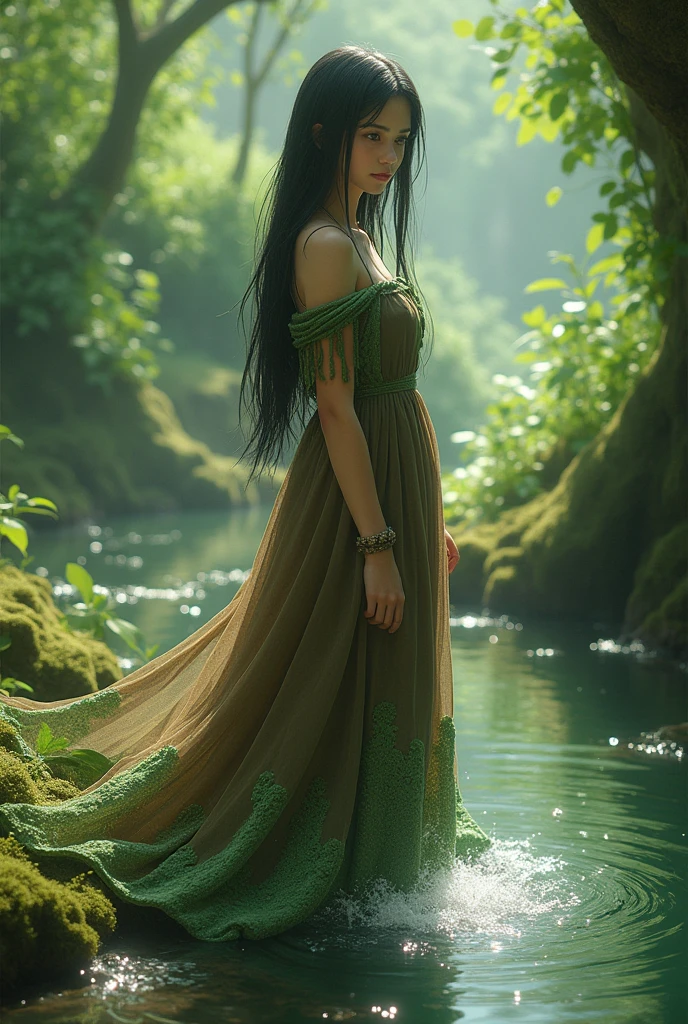 A girl with long straight black hair, dark brown eyes, wearing a brown and green dress with some moss green yarn patterns, water control 