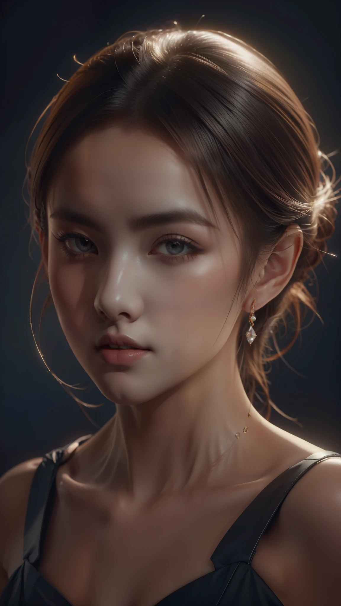 The artwork features a stunning portrait of a beautiful girl with a dark theme, ultra-sharp 16k CG, a masterpiece, excellent image quality, very delicate), (excellent lighting and shadows, exquisite and beautiful), truly smooth skin, bright face, displaying near-perfect 18k quality, versatile, lovely.