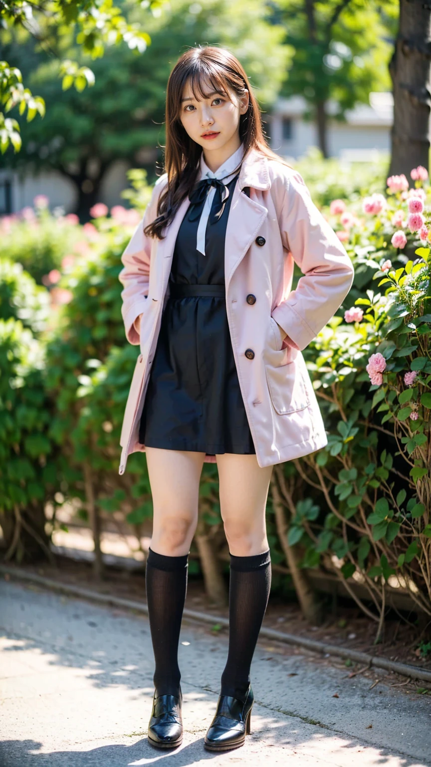 (8k、RAW Photos、Highest quality、masterpiece:1.2)、(Realistic、Realistic)、1 person、((garden、Knee socks、Pink Coat、Black Mini Dress、Ribbon on chest、cool、Thin legs、whole body、View from the front、Looking into the camera、Stand with hands on hips))、cute