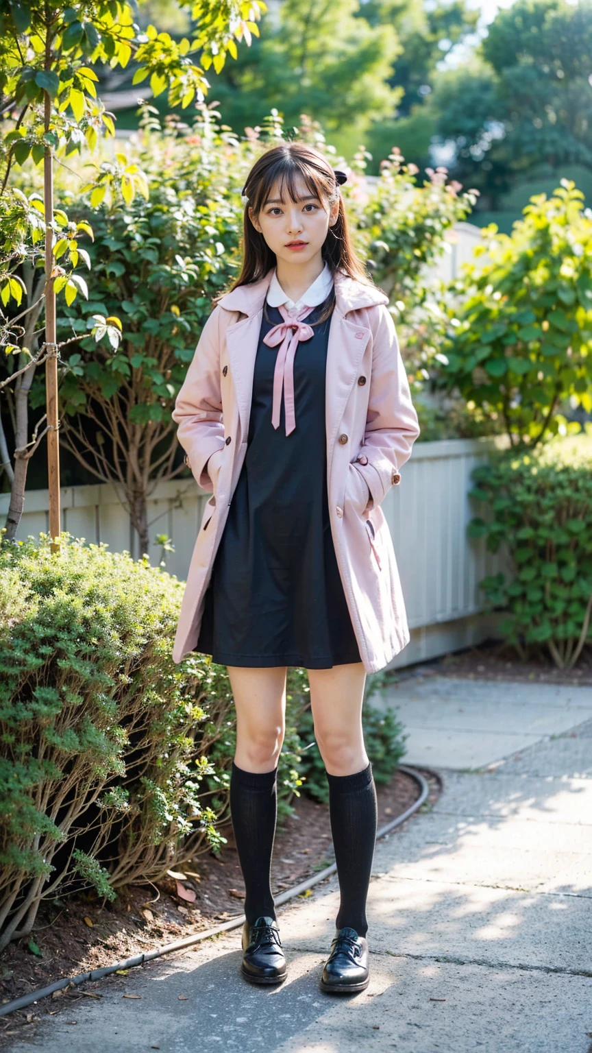 (8k、RAW Photos、Highest quality、masterpiece:1.2)、(Realistic、Realistic)、1 person、((garden、Knee socks、Pink Coat、Black Mini Dress、Ribbon on chest、cool、Thin legs、whole body、View from the front、Looking into the camera、Stand with hands on hips))、cute