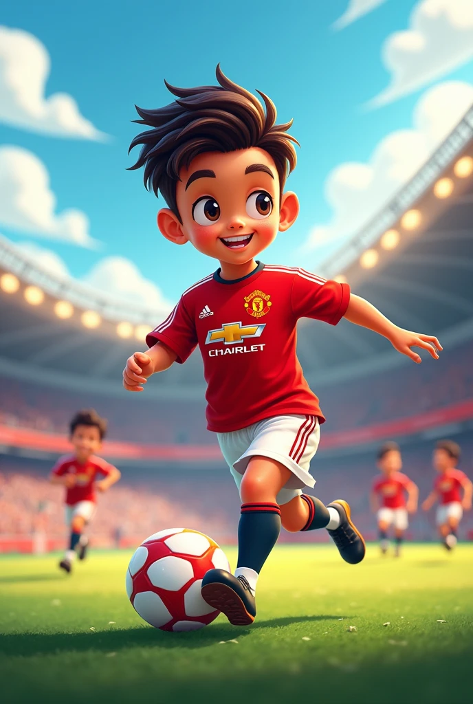 A guy who is football player playing football. The boy wear Manchester United logo shirt and his name: Yi Xian on his shirt. Cartoon
